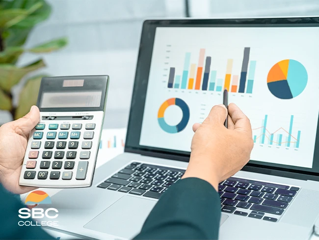 An accountant analyzing a financial report in a professional office setting.
